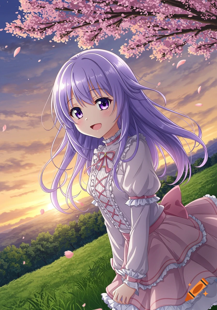 An anime girl with purple hair and eyes in a pink and white dress stands in a grassy field with falling cherry blossoms under a sunset sky.