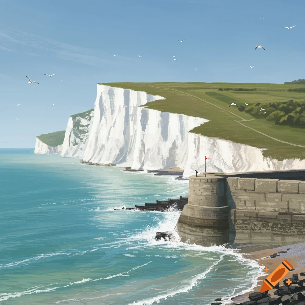 Vibrant illustration of the White Cliffs of Dover rising above blue-green sea, with a concrete pier, sandy beach, and flying seagulls.