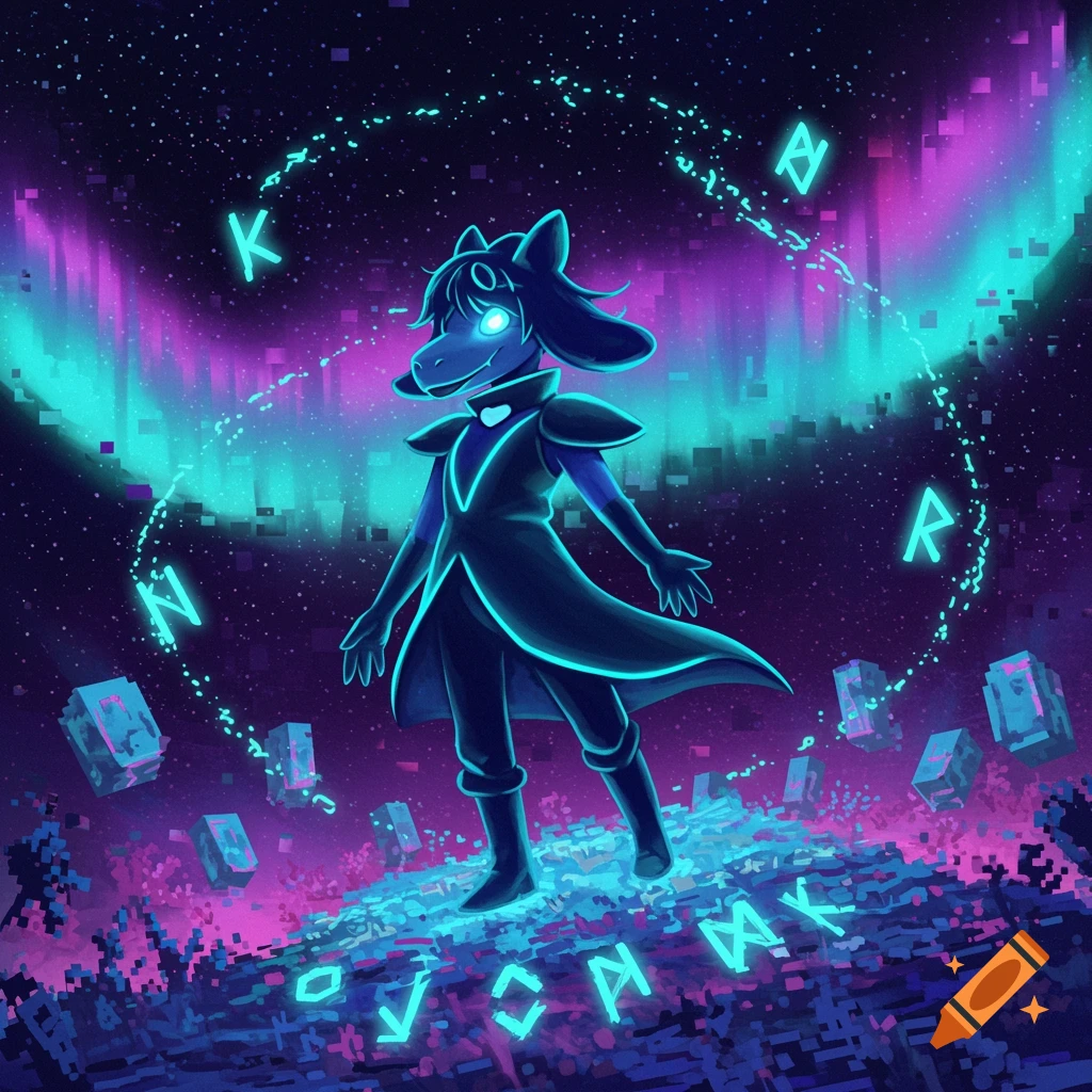 A glowing, dark furry character stands on a pixelated landscape under a vibrant blue and purple aurora sky with floating runes.