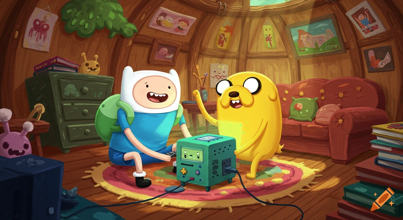 Finn and Jake from Adventure Time playing video games on BMO in their colorful treehouse.
