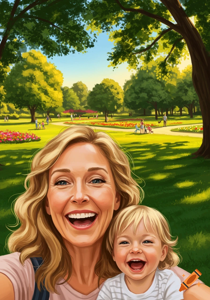 Illustrated selfie of a joyful mother and child in a vibrant green park filled with trees and flowers.