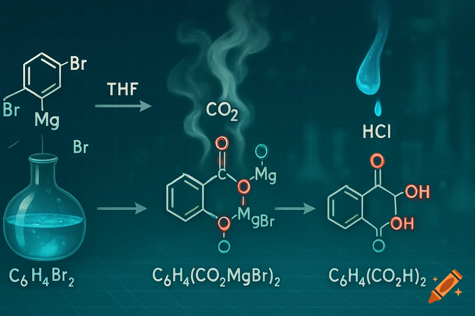 A stylized chemical reaction diagram illustrating the carboxylation of a Grignard reagent, showing molecular structures, reagents like THF, CO2, and HCl, and chemical formulas as steps in the synthesis.