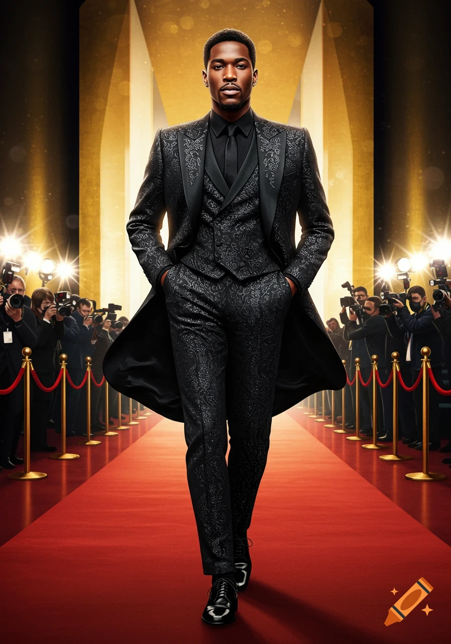 A photorealistic image of a man in a black patterned suit walking on a red carpet with photographers.