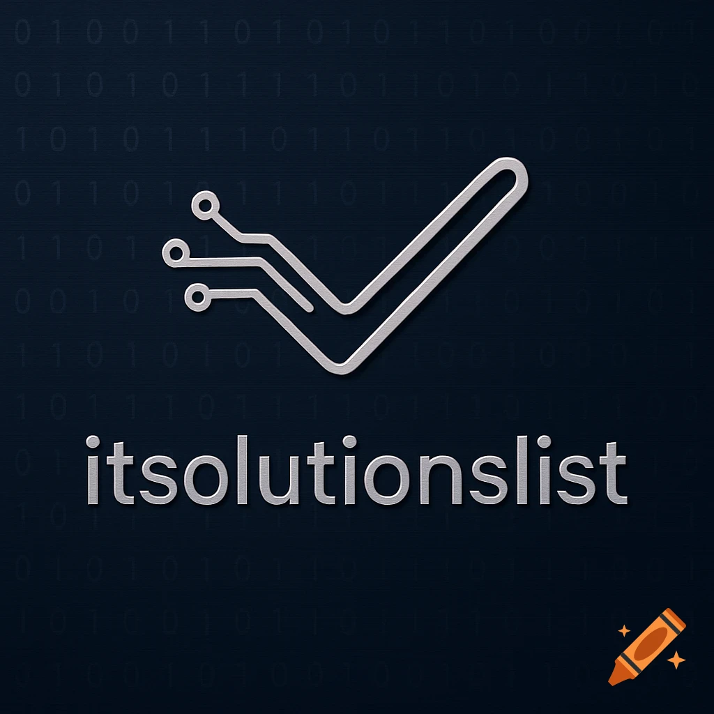 A tech logo featuring a silver-colored checkmark integrated with circuit board lines, above the text "itsolutionslist" on a dark blue background with faint binary code.