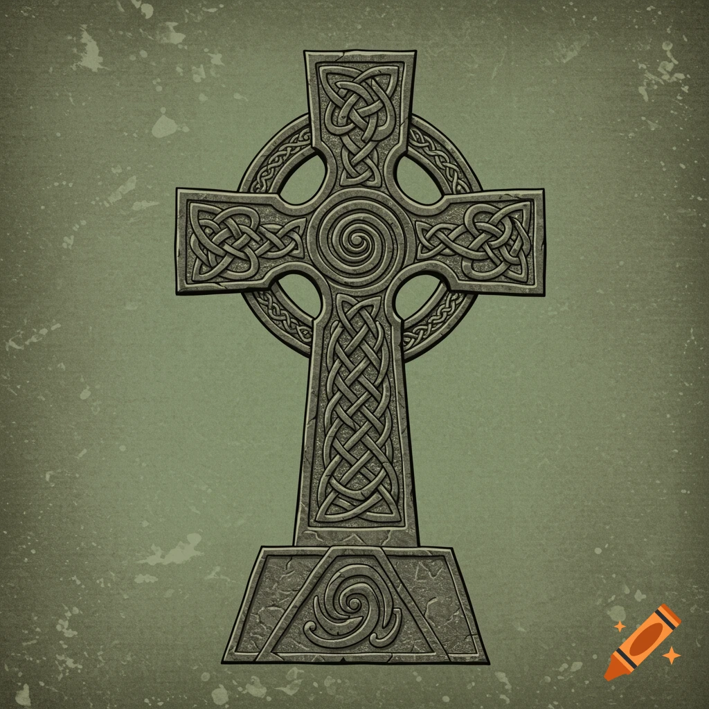 A detailed stone Celtic cross with intricate knotwork and spirals on a distressed green background.
