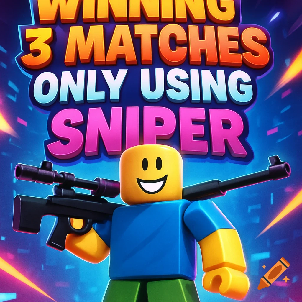 A smiling Roblox character in a blue shirt and green pants holds a sniper rifle. Large text overlay reads 'WINNING 3 MATCHES ONLY USING SNIPER'.