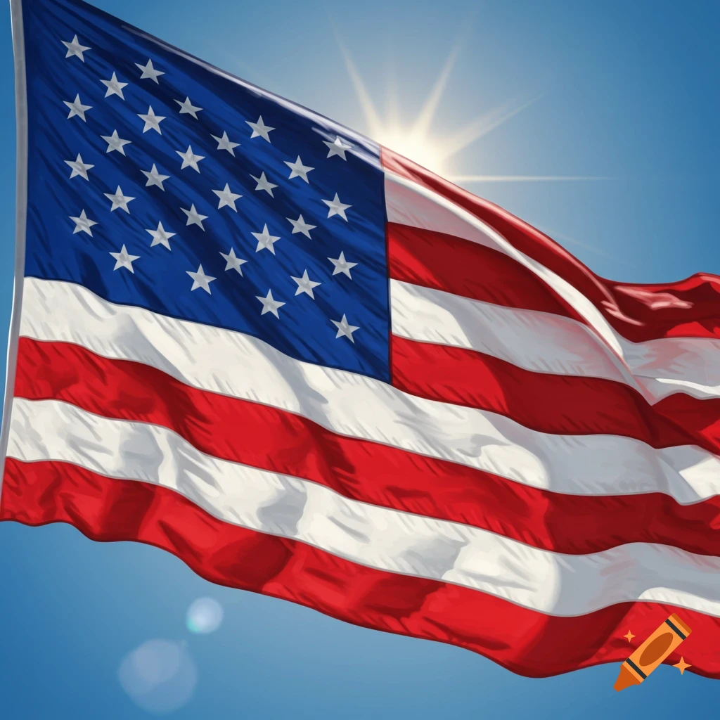 An American flag waves in the bright blue sky with the sun shining behind it.