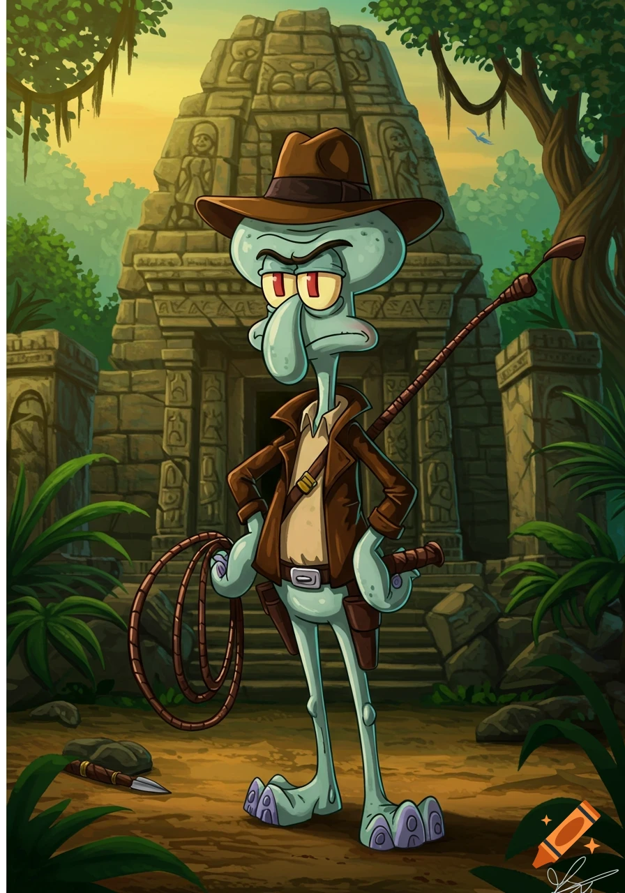 Cartoon Squidward Tentacles dressed as Indiana Jones, holding a whip in front of an ancient jungle temple.