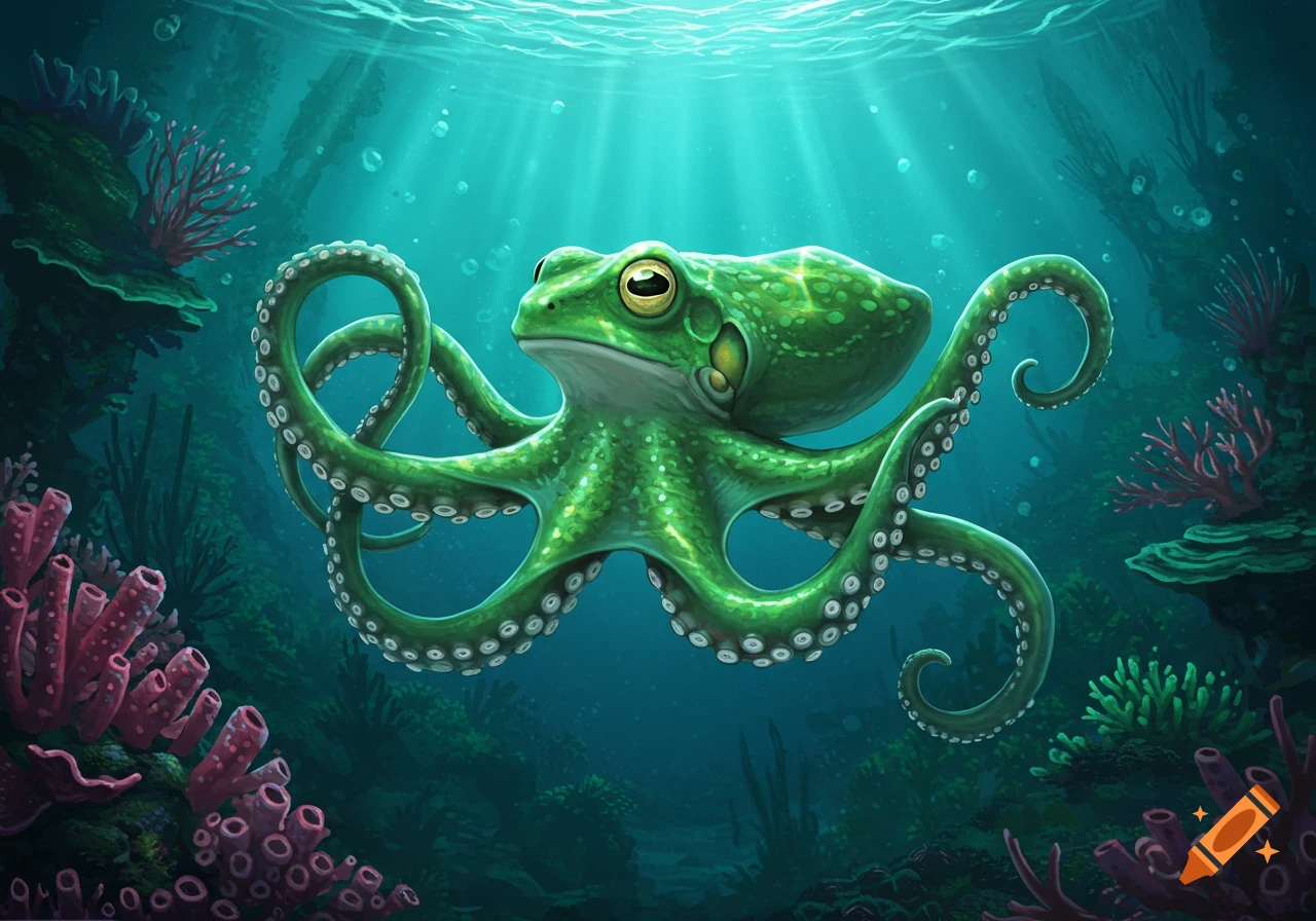A vibrant green frog-octopus hybrid floats in deep blue water with sun rays and colorful corals.