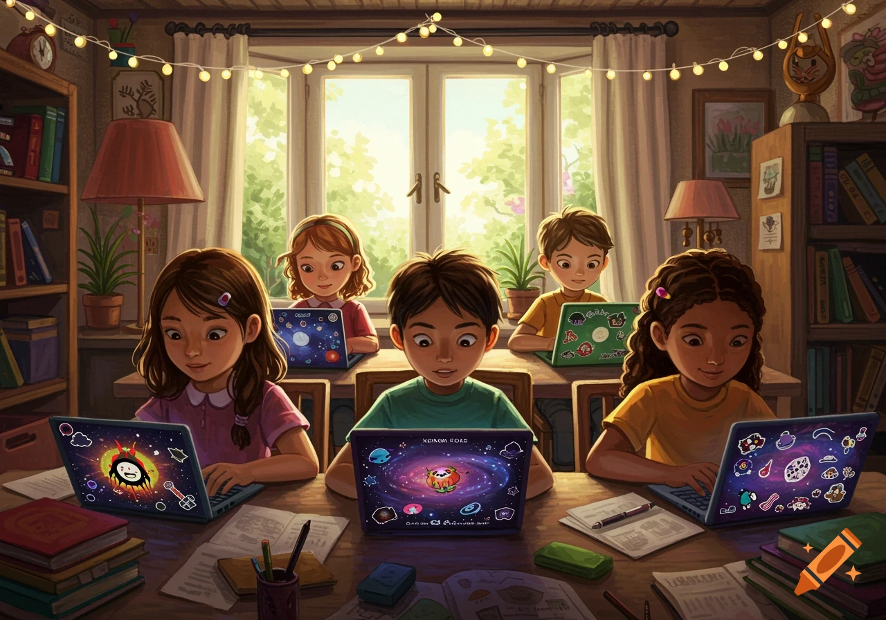 Five cartoon children sit at a wooden table, intently looking at their laptops in a cozy room with string lights and bookshelves.