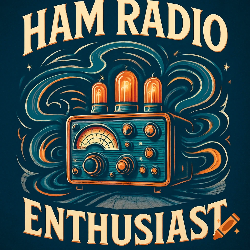 A stylized illustration of a vintage ham radio with glowing vacuum tubes, surrounded by swirling lines, with the text 'HAM RADIO ENTHUSIAST' above and below.