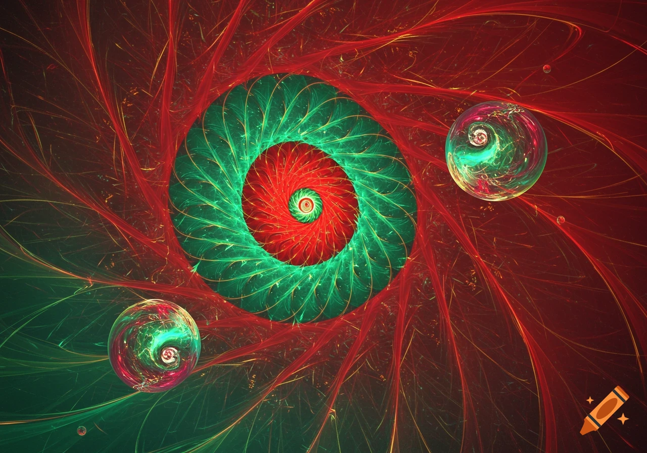 A vibrant red and green spiral fractal pattern with two luminous spheres, set against a swirling abstract background.