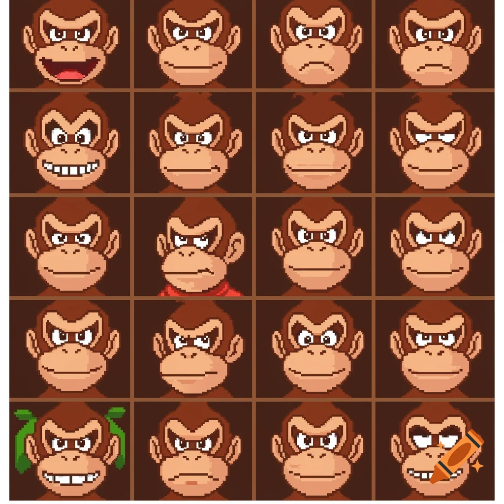 A grid of 20 8-bit pixel art portraits of a Donkey Kong-like monkey character, each displaying a different expression.