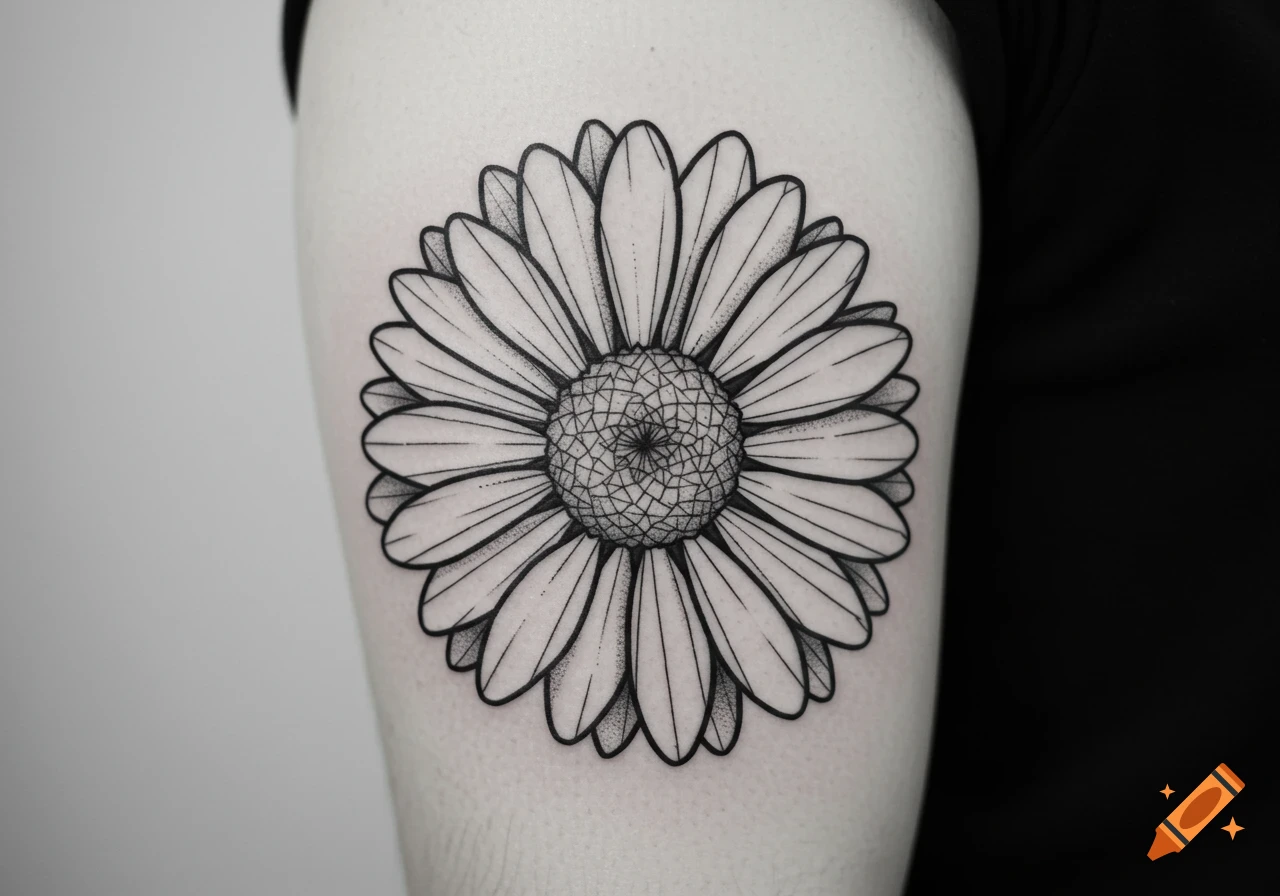 A black and white tattoo of a daisy flower with a detailed geometric center on skin.
