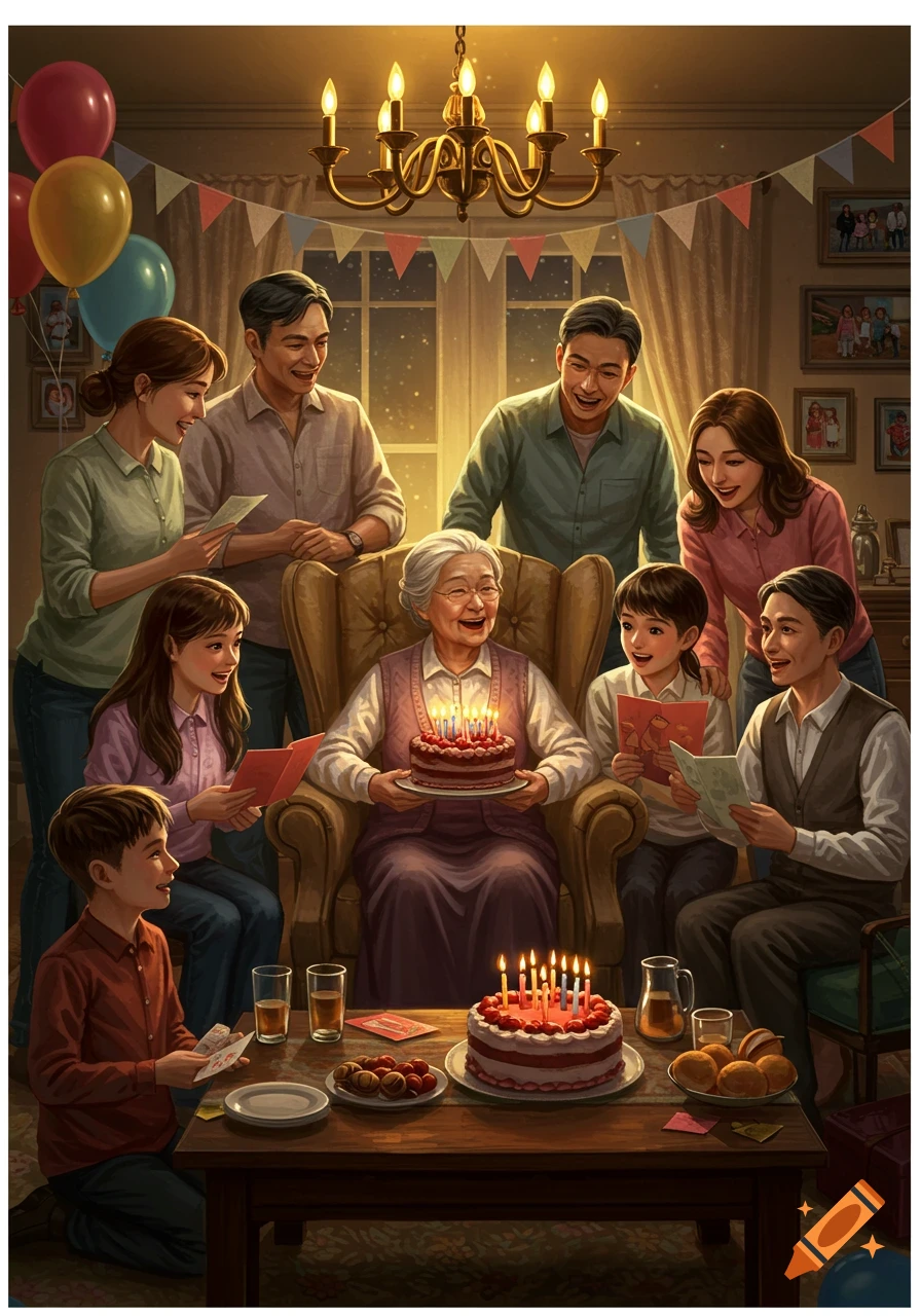 A multi-generational family gathers around an elderly woman holding a birthday cake with candles, celebrating together in a warmly lit room.