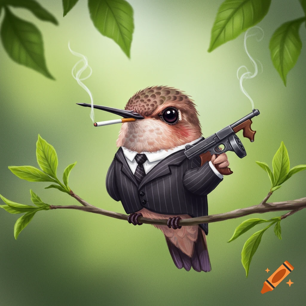 A cute, cartoon hummingbird dressed as a mob boss, holding a Tommy gun and smoking a cigarette, perched on a leafy tree branch.