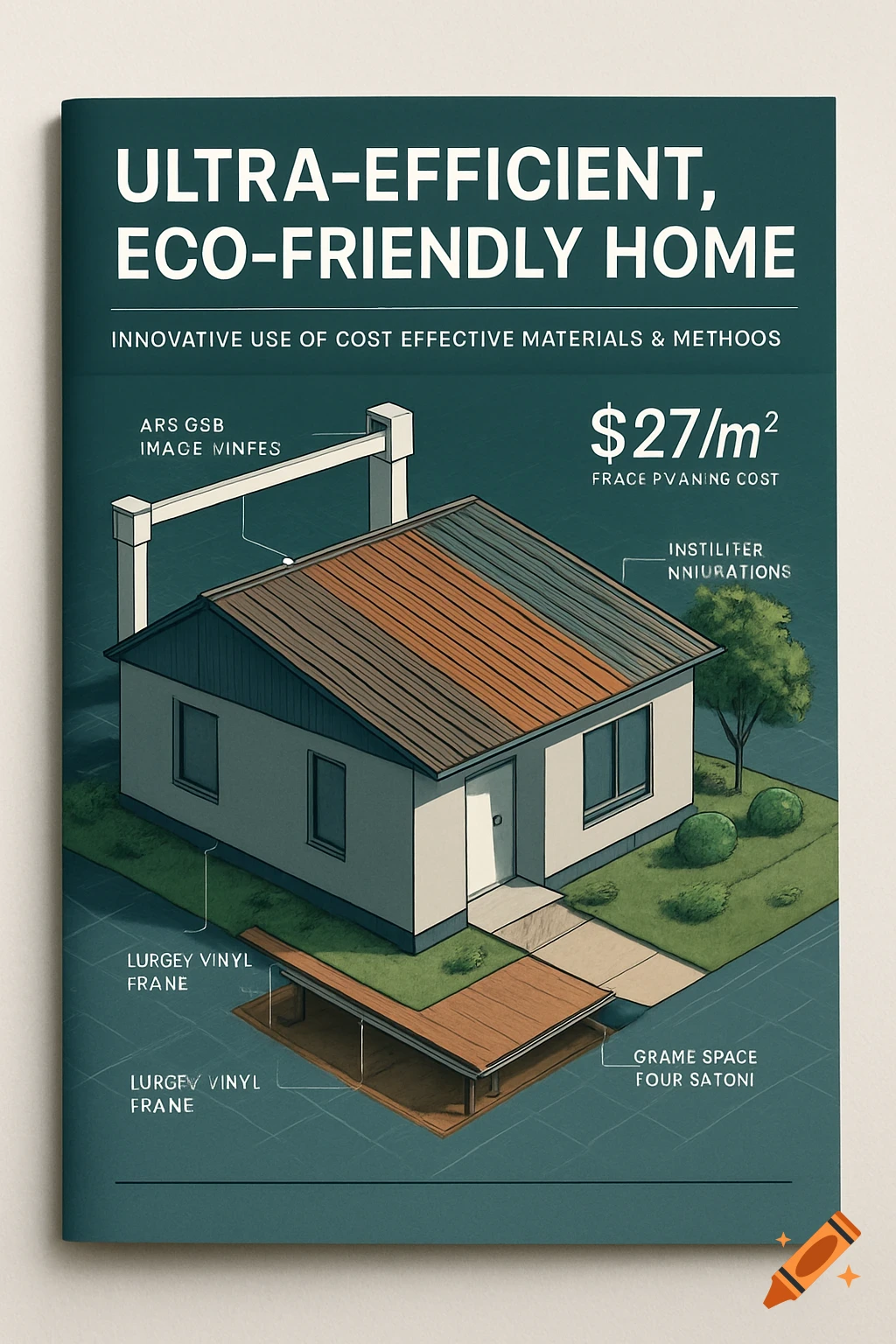 Isometric diagram of an eco-friendly home design, featuring text labels and a price of $27/m², on a dark teal background.
