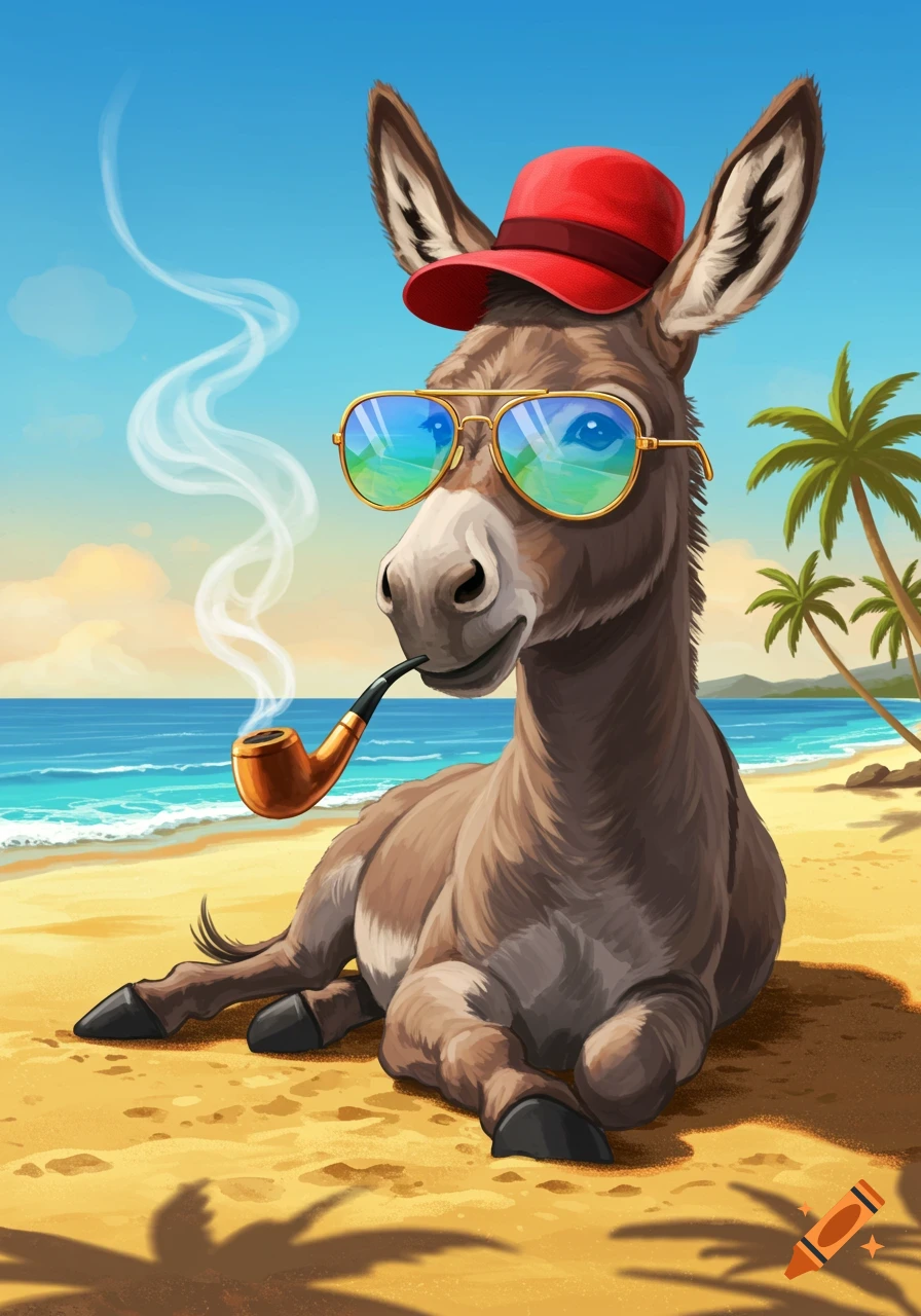 A cartoon donkey wearing a red hat and sunglasses, smoking a pipe, relaxing on a sandy beach with palm trees and ocean in the background.