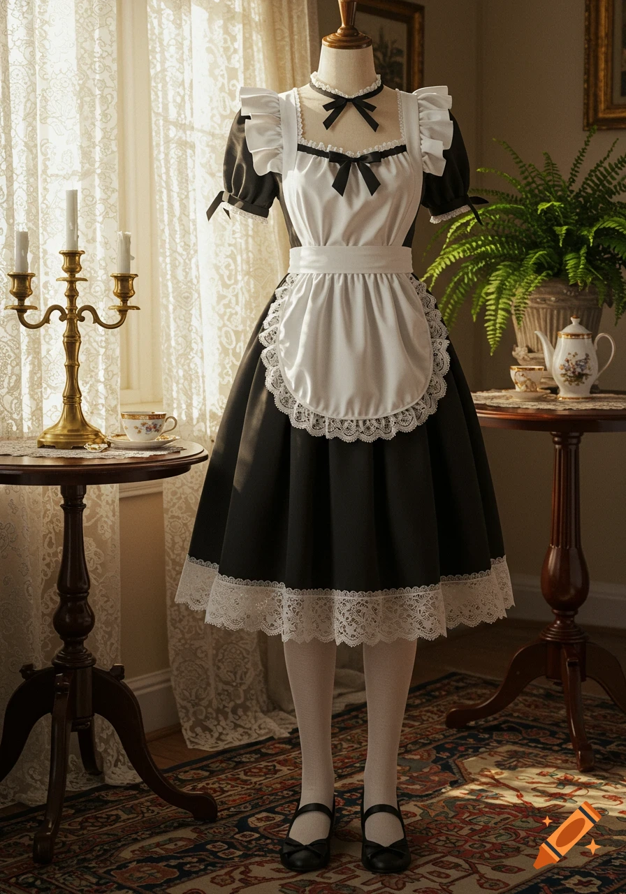 A black and white maid dress with white lace trim displayed on a mannequin in a sunlit room.