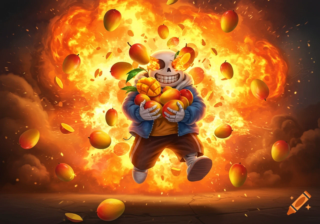 Cartoon skeleton character Sans jumps from an explosion, holding mangoes, with mangoes also bursting from his eyes and mouth.