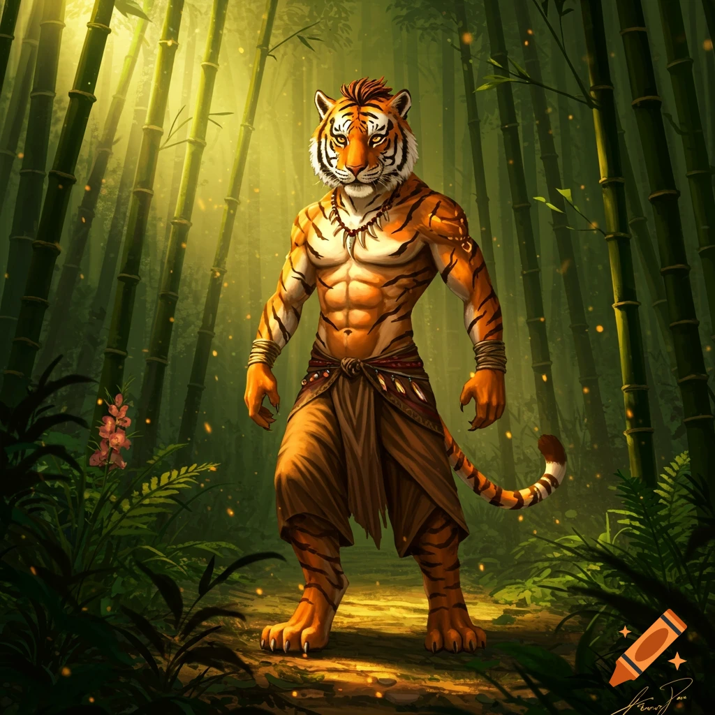 An anthropomorphic tiger in tribal attire stands in a sunlit bamboo forest, digital art.