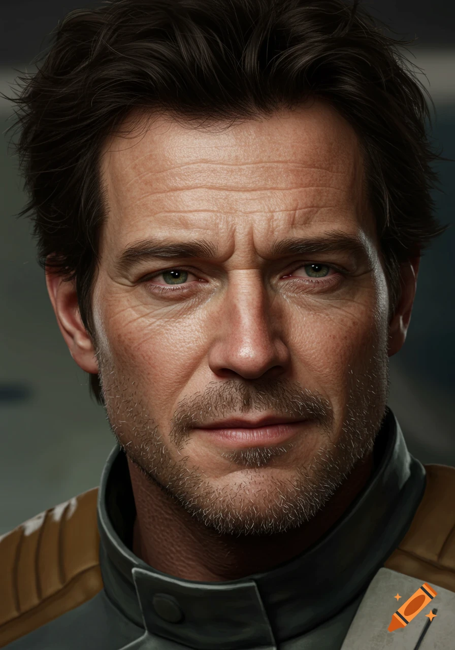 Close-up photorealistic portrait of a rugged, weary man with dark hair, green eyes, and stubble, wearing a pilot uniform.