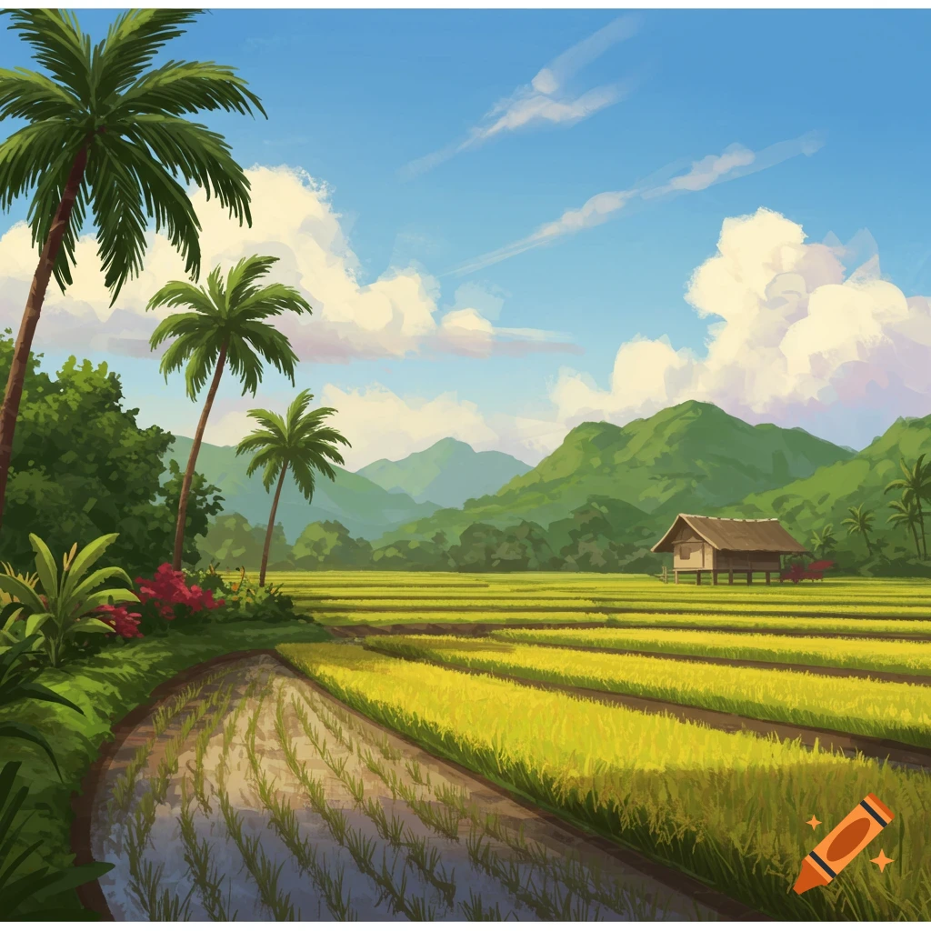 An illustration of a rural tropical landscape with golden rice fields, a small hut, palm trees, and green mountains under a blue sky.