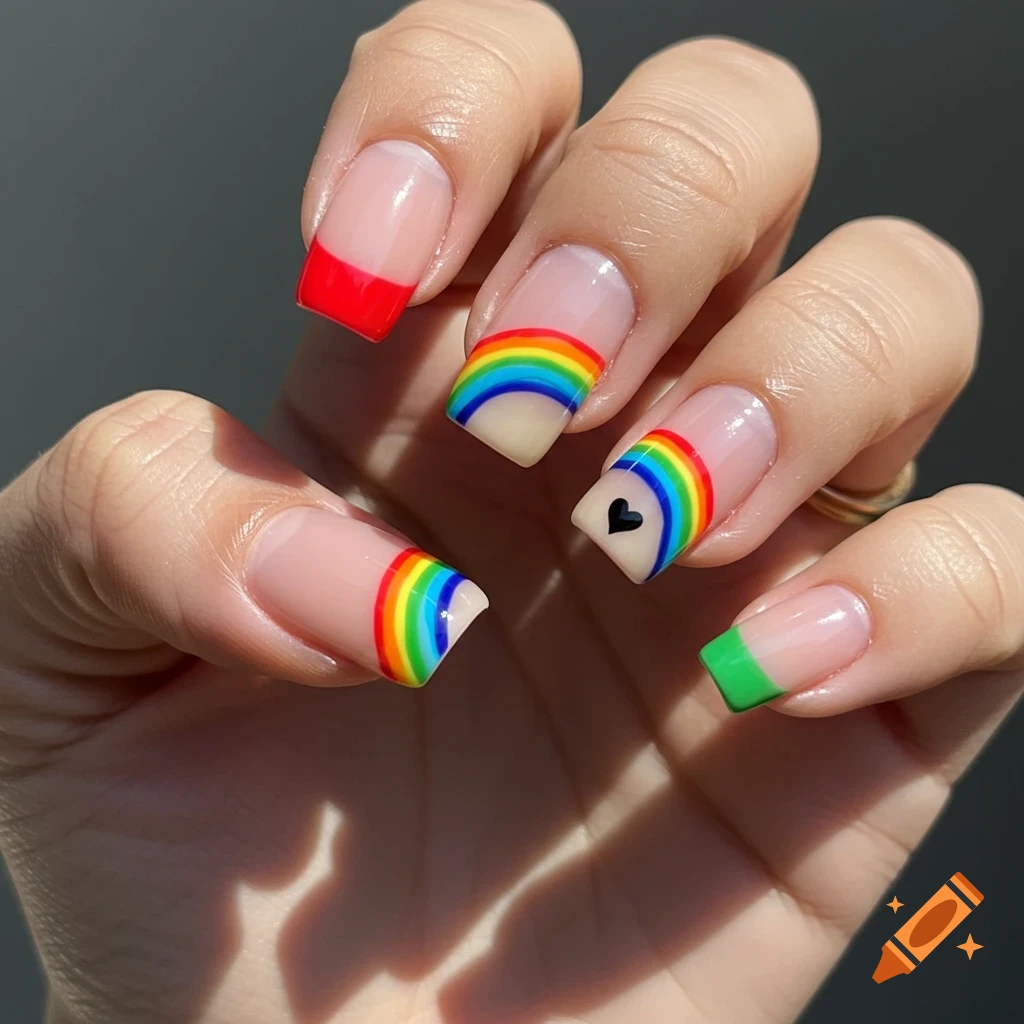 Close-up of a hand with rainbow French tip nails, one nail features a small black heart.