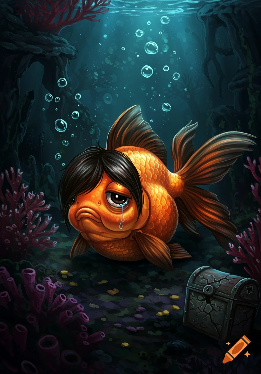 A cartoon emo goldfish with black hair crying underwater, surrounded by coral and a treasure chest.
