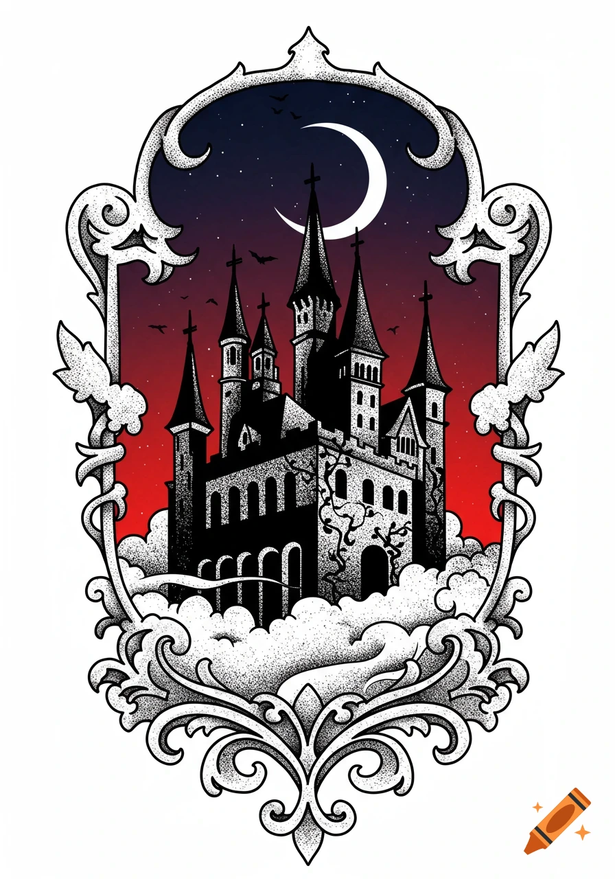 A stylized Gothic castle with spires and arches, surrounded by clouds, framed by an ornate border against a red and dark blue sky with a crescent moon and bats in a tattoo art style.