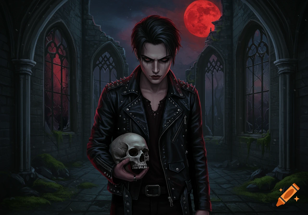 A moody gothic character in a leather jacket holding a skull, standing in a ruined castle under a blood-red moon, in a digital painting.