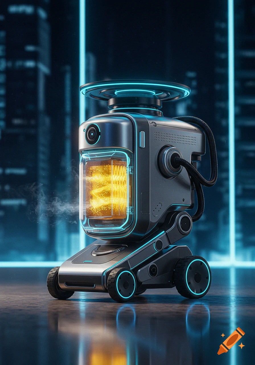 A futuristic dark gray robot with glowing blue and orange lights and a glowing orange chamber emitting vapor, set against a neon-lit cityscape.