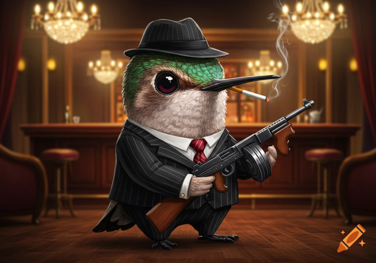 A cartoon baby hummingbird dressed as a mob boss holds a Tommy gun and smokes a cigarette in a dimly lit bar.