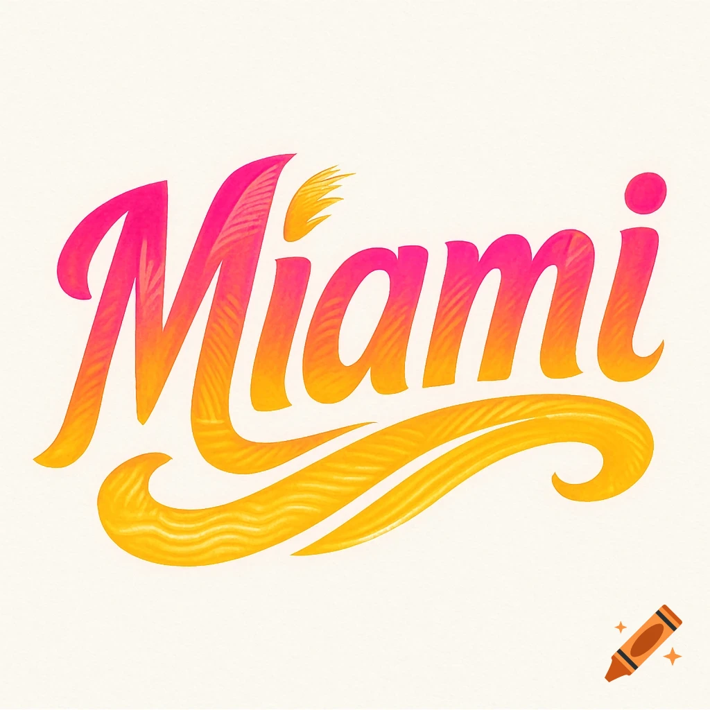 Stylized pink and yellow gradient text spelling 'Miami' with a wavy texture and decorative flourishes.