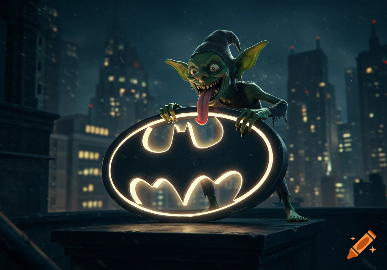 A creepy green goblin with large ears and a long red tongue licks a glowing Batman symbol on a rooftop at night with a city skyline in the background.