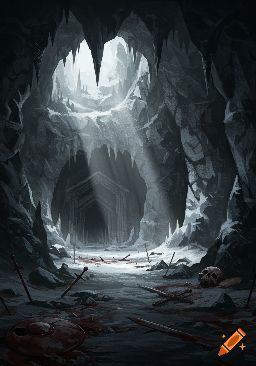 A dark, icy cave with light streaming from above, illuminating scattered broken swords, a shield, blood, and a skull near a shadowy entrance.