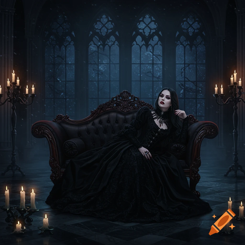 A photorealistic gothic woman in a black dress sits on a sofa in a dark, candlelit hall with large windows.
