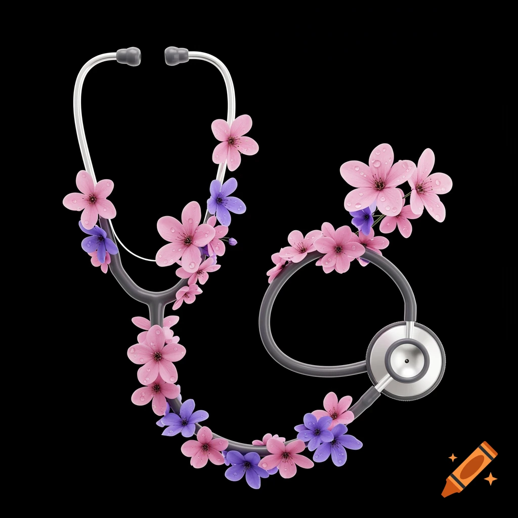 A grey stethoscope adorned with vibrant pink and purple flowers, featuring water droplets on the petals, set against a solid black background.