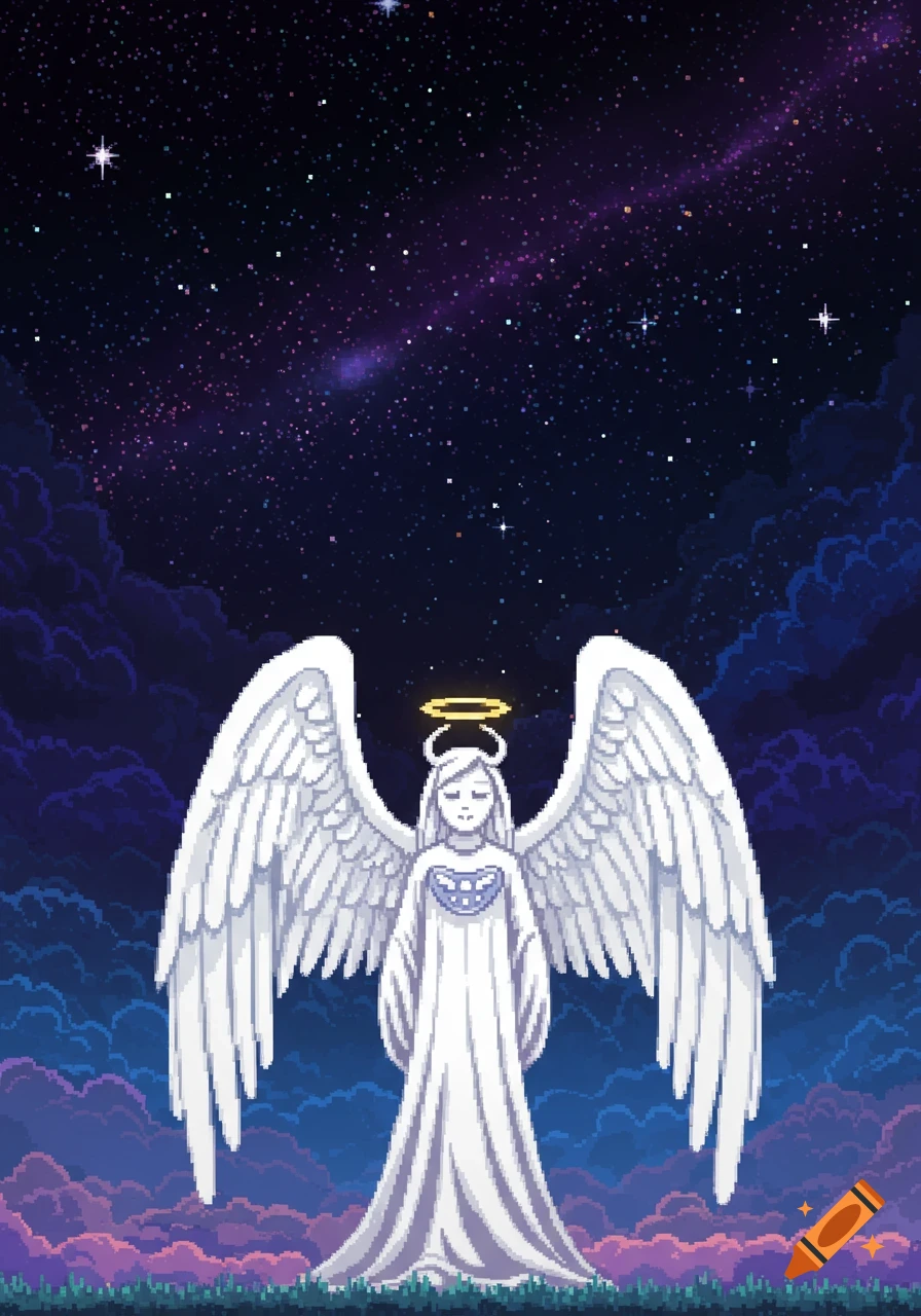 Pixel art of an angel with large white wings and a halo, standing in a field under a starry night sky.