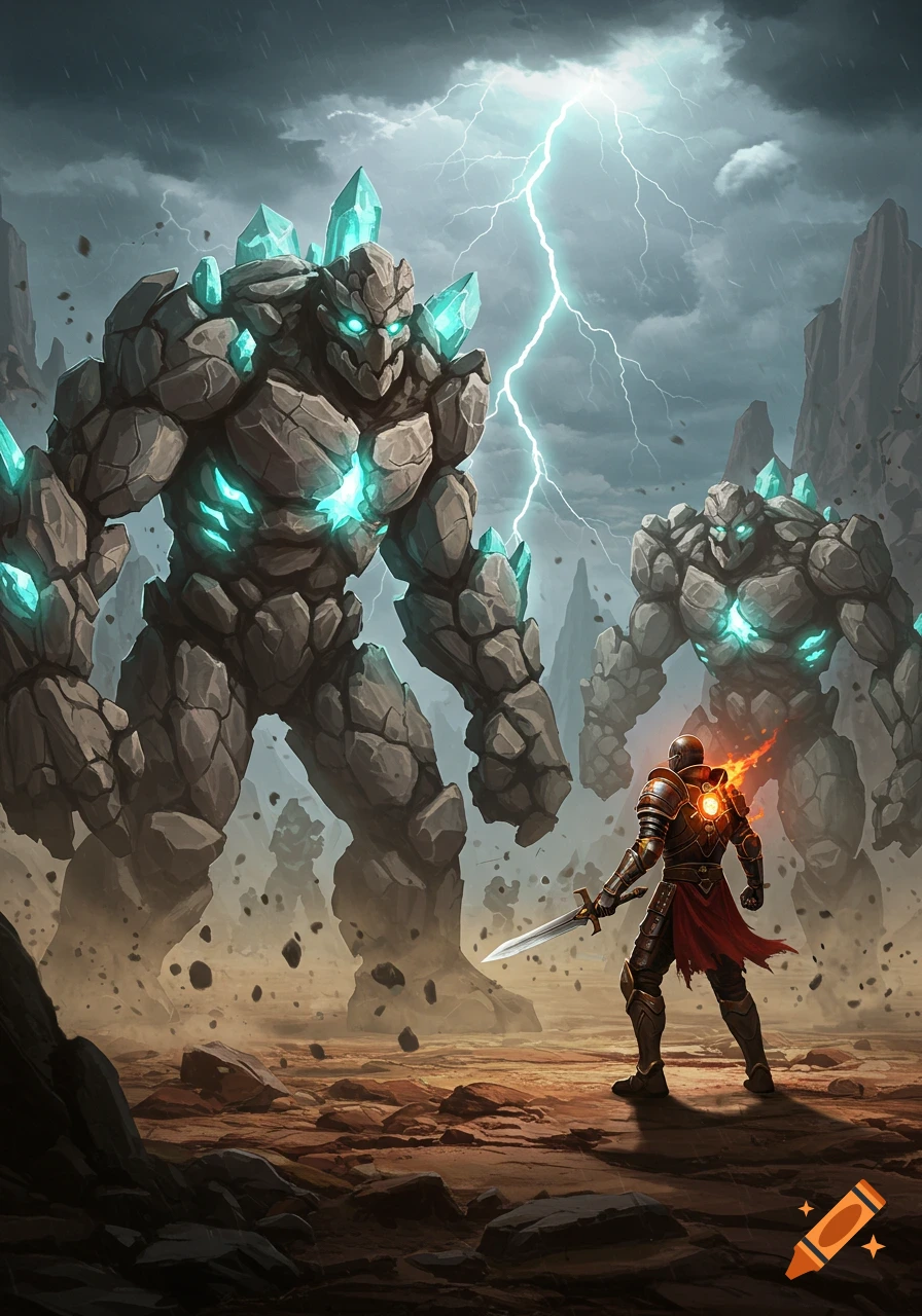 A knight with a flaming shoulder battles two towering rock golems under a stormy sky with lightning, amidst a rocky landscape.