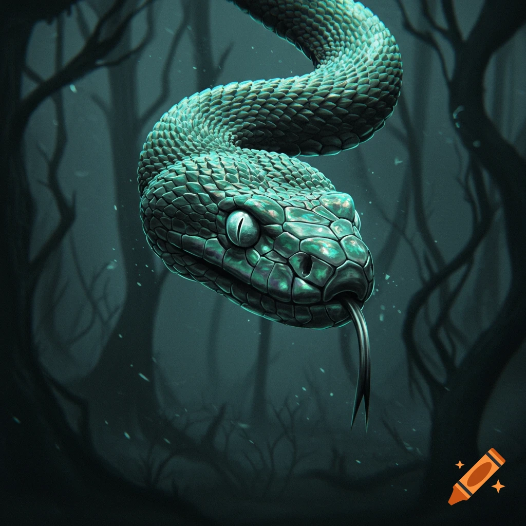 Close-up of a vibrant green snake head with glowing eyes, its body coiling against a dark, misty forest background.