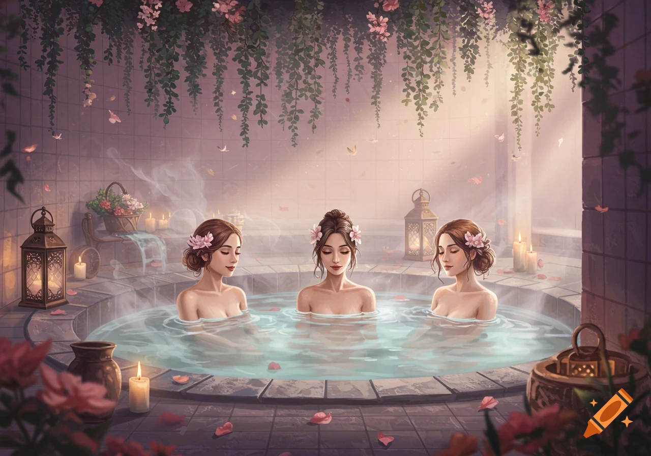 Three women relaxing in a serene spa bath with flowers and lanterns and steam.