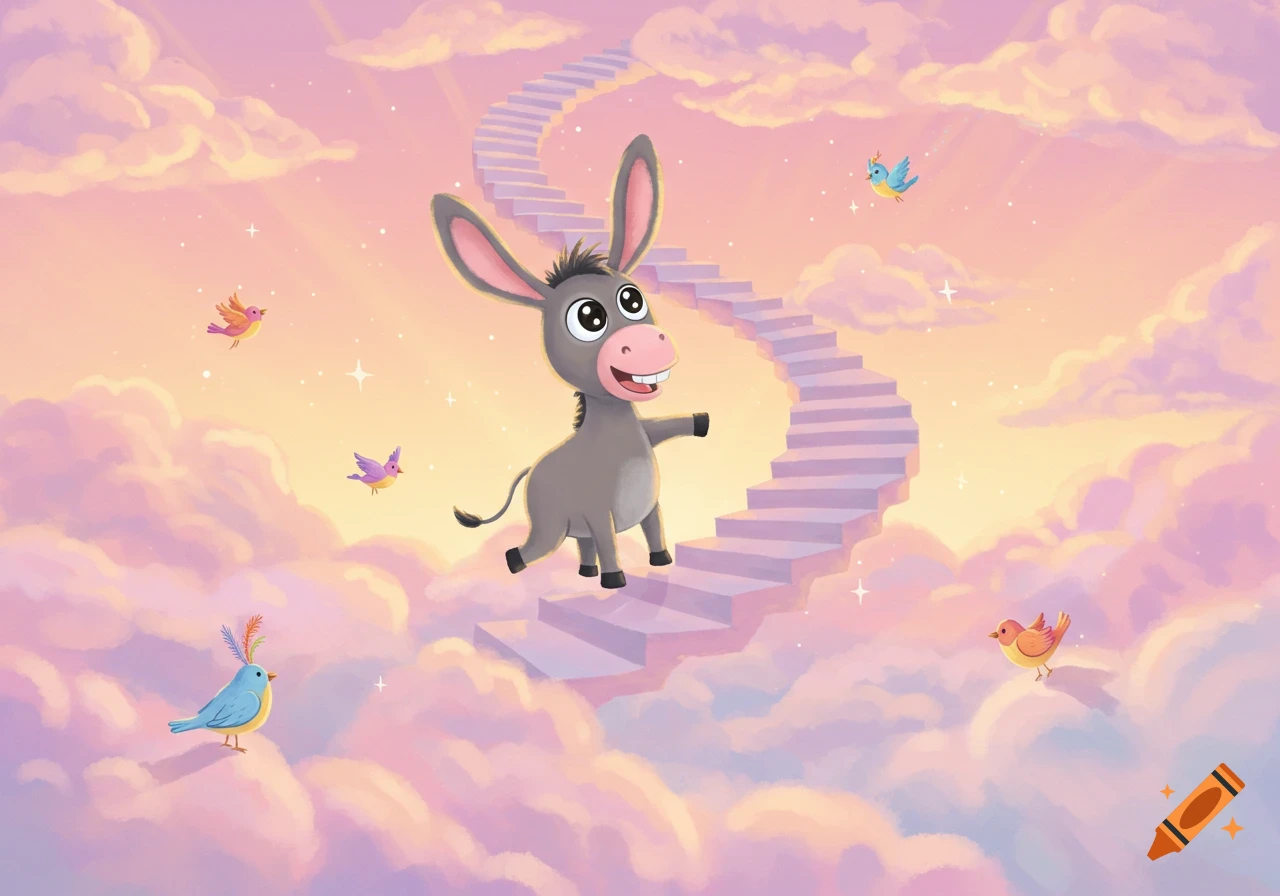 A grinning cartoon donkey climbs a pink spiral staircase through pastel clouds, with colorful birds flying around.