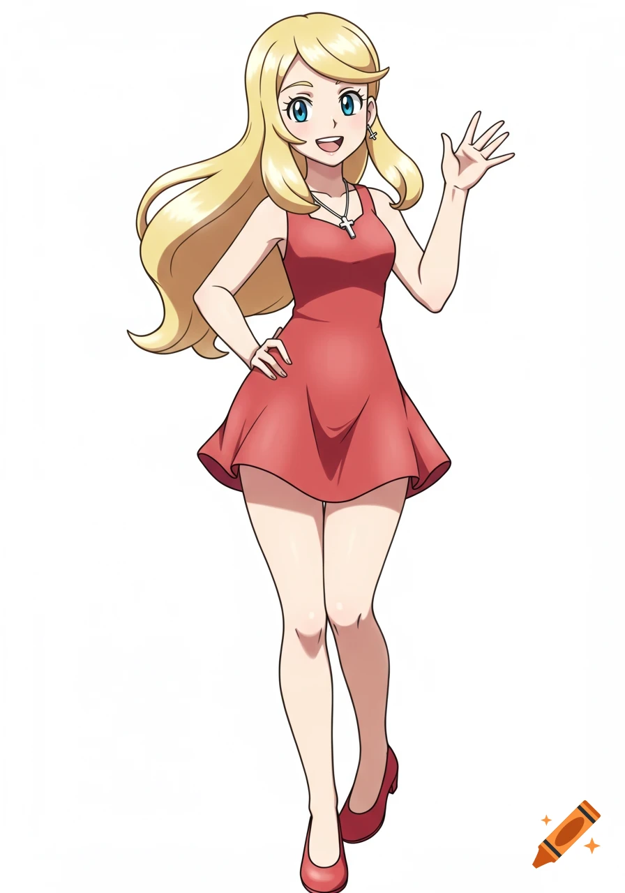 An anime girl with blonde hair, wearing a red dress and red heels, smiles and waves, with one hand on her hip, in a Pokemon XYZ art style.