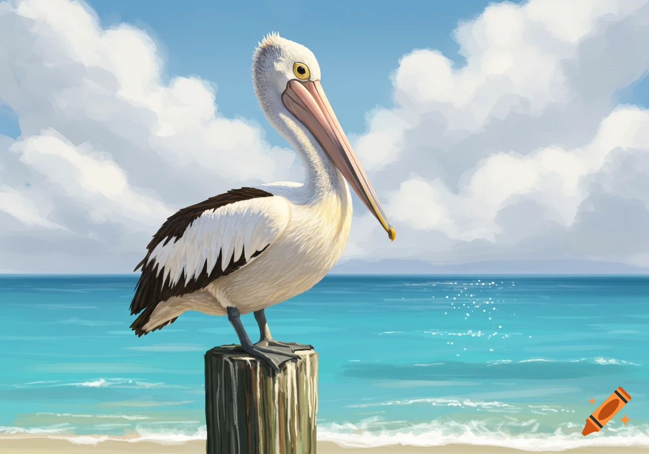 A white pelican with black wings stands on a wooden post in the blue ocean under a cloudy sky, in an illustrative style.
