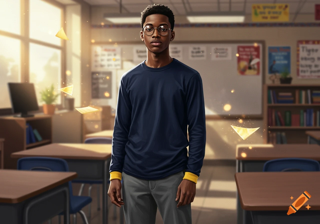 A young African American student wearing a navy blue shirt and glasses stands in a sunlit classroom.