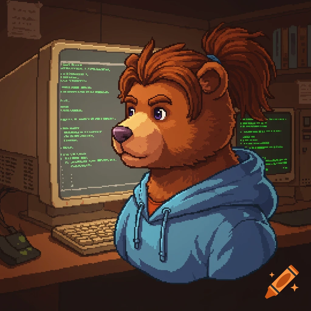 A retro pixel art bust of a brown bear with a ponytail wearing a blue hoodie, sitting at a desk with a computer displaying garbled green code.