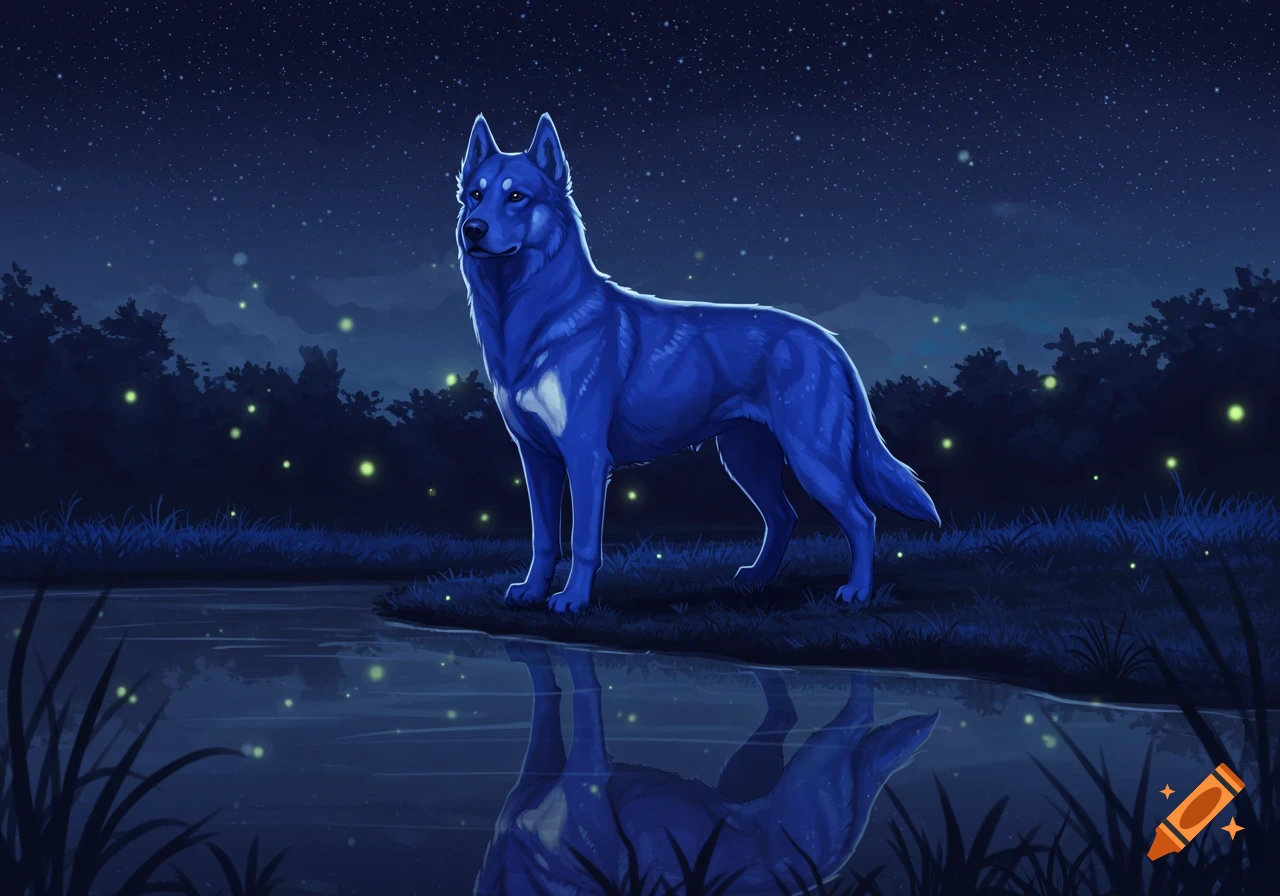 A blue dog stands by a lake at night under a starry sky with glowing fireflies, its reflection visible in the water.