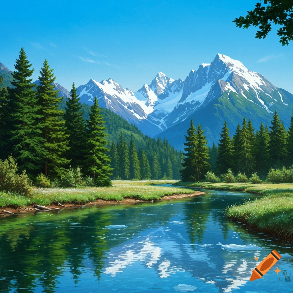 Vibrant mountain landscape with a clear river flowing through a lush green pine forest under a bright blue sky.