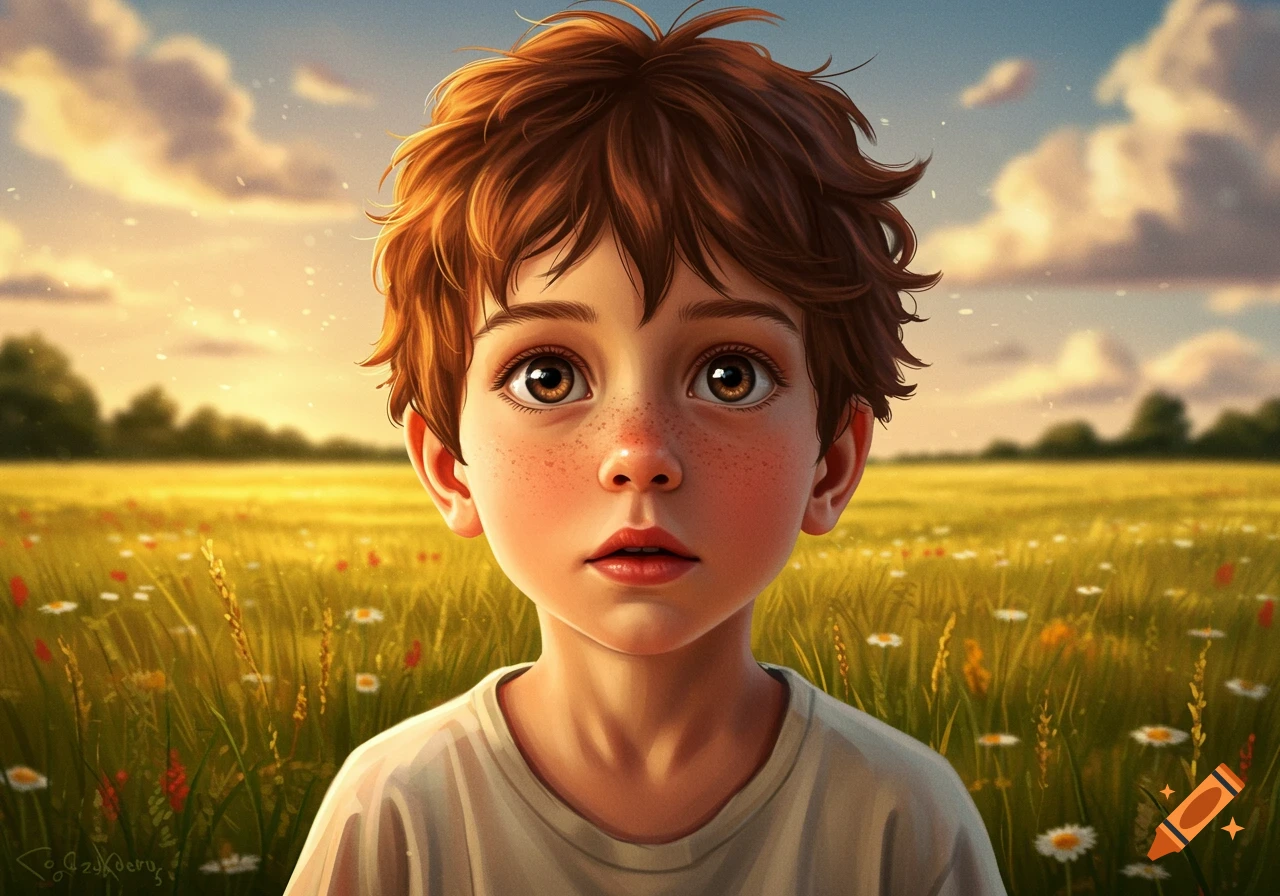 Digital illustration of a young boy with freckles and brown eyes standing in a sunny field of wildflowers.